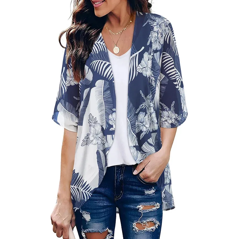 2023 Women Summer Bohemian Casual Cloak Cardigan for Swimsuit woman Beach Swimwear Tops Short Sleeved Shawl Chiffon Shirt