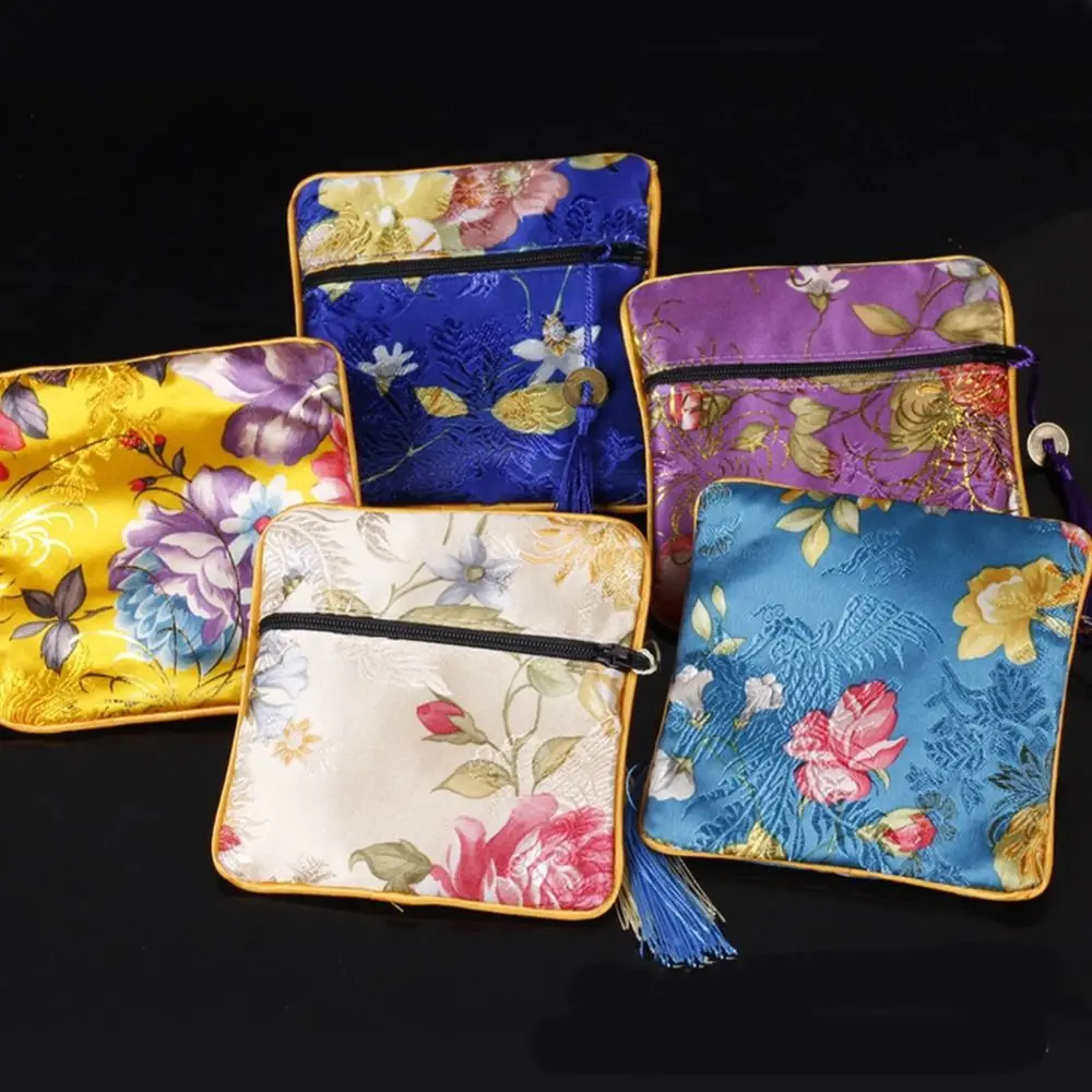 Bolsa de tela bordada para monedas, bolsa de almacenamiento de joyas con borlas de flores, pulsera, collares, estuche, monedero de estilo chino para uso diario