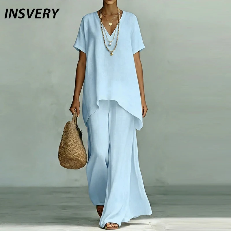 

Summer Casual Women Two Piece Set V Neck Short Sleeve Loose T Shirt Wide Leg Pants Suit Solid Color Women Outfits