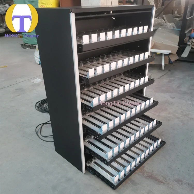 Lemari Logam Butik yang Dapat Disesuaikan dengan Rak Display Rokok dengan Pencahayaan LED dan Rak Display Asap untuk Menampilkan Rokok.