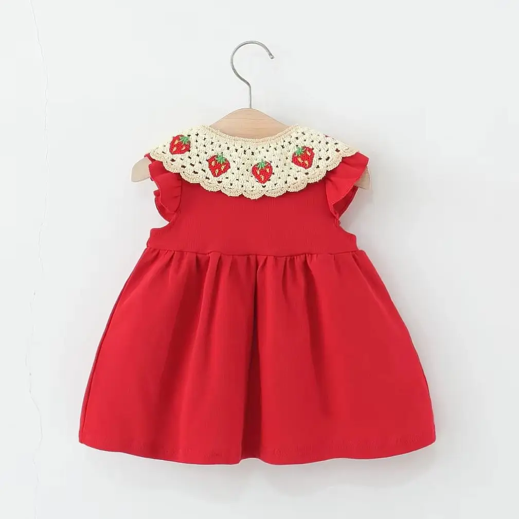 Baby Girl Bow Sleeveless Dress Red Strawberry Knit Doll Collar Summer Element with Bag
