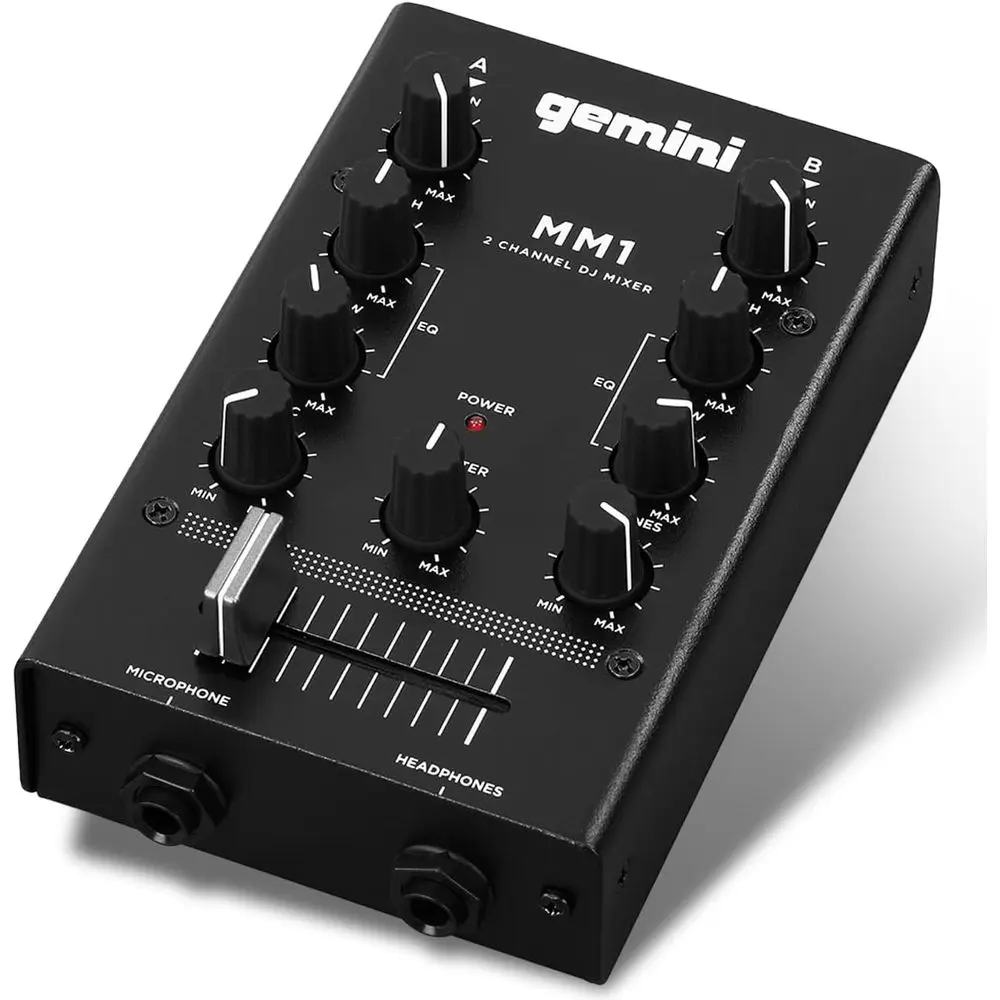 

Portable 2-Channel Mini DJ Mixer with RCA, Mic, and AUX Inputs, Pro Fader, and EQ for On-the-Go DJs