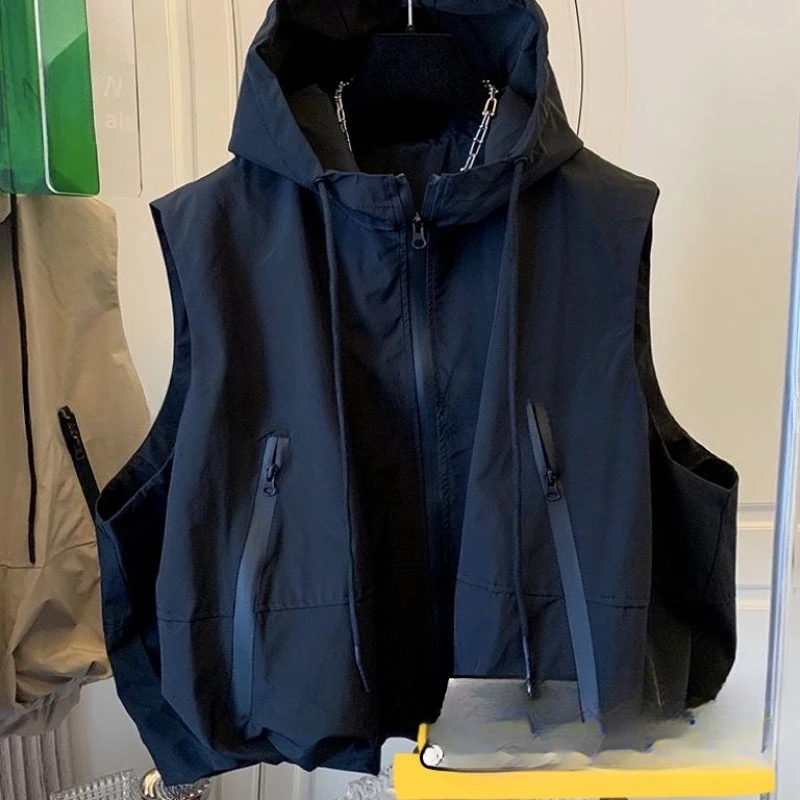Women's Vests Spring Summer New Stacked Small Crops Hundreds Hooded Punching Jacket Workwear Horse Clip Vest Fashion Tide