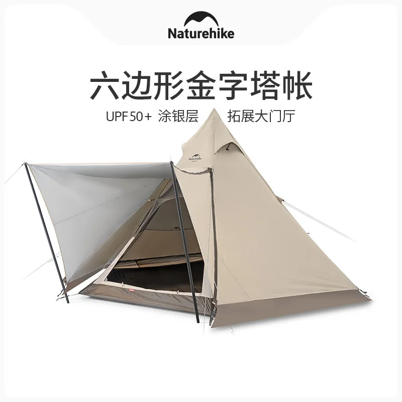 Naturehike Ranch Hexagonal Pyramid Tent Outdoor Camping UV Protection Large Space Storm Proof Indian Pyramid Tent For 3-4 People