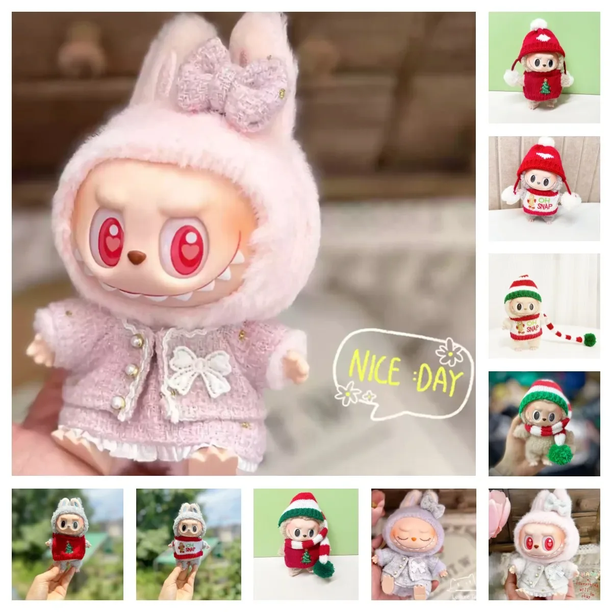 Mini ropa de muñeca de peluche de 15cm, accesorios de atuendo para Corea Kpop Exo Labubu Idol, sombrero de Navidad, suéter, falda, traje, regalo de ropa