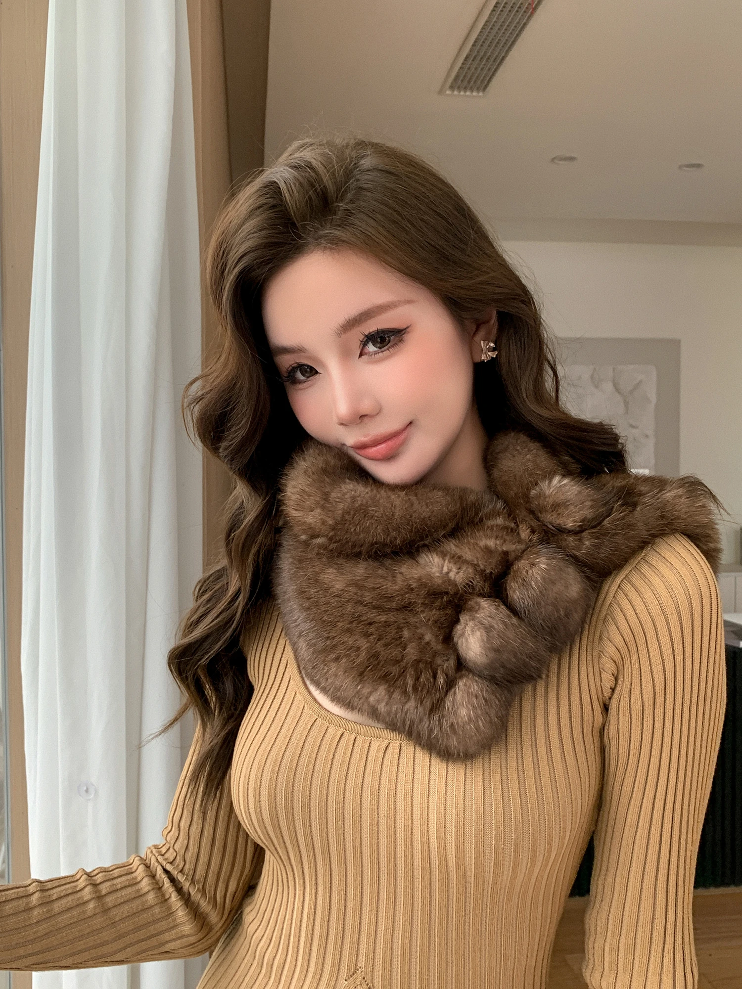 New winter warm style rabbit  double-sided woven large scarf  shawl Qiuqiu thickened Korean-style fur collar