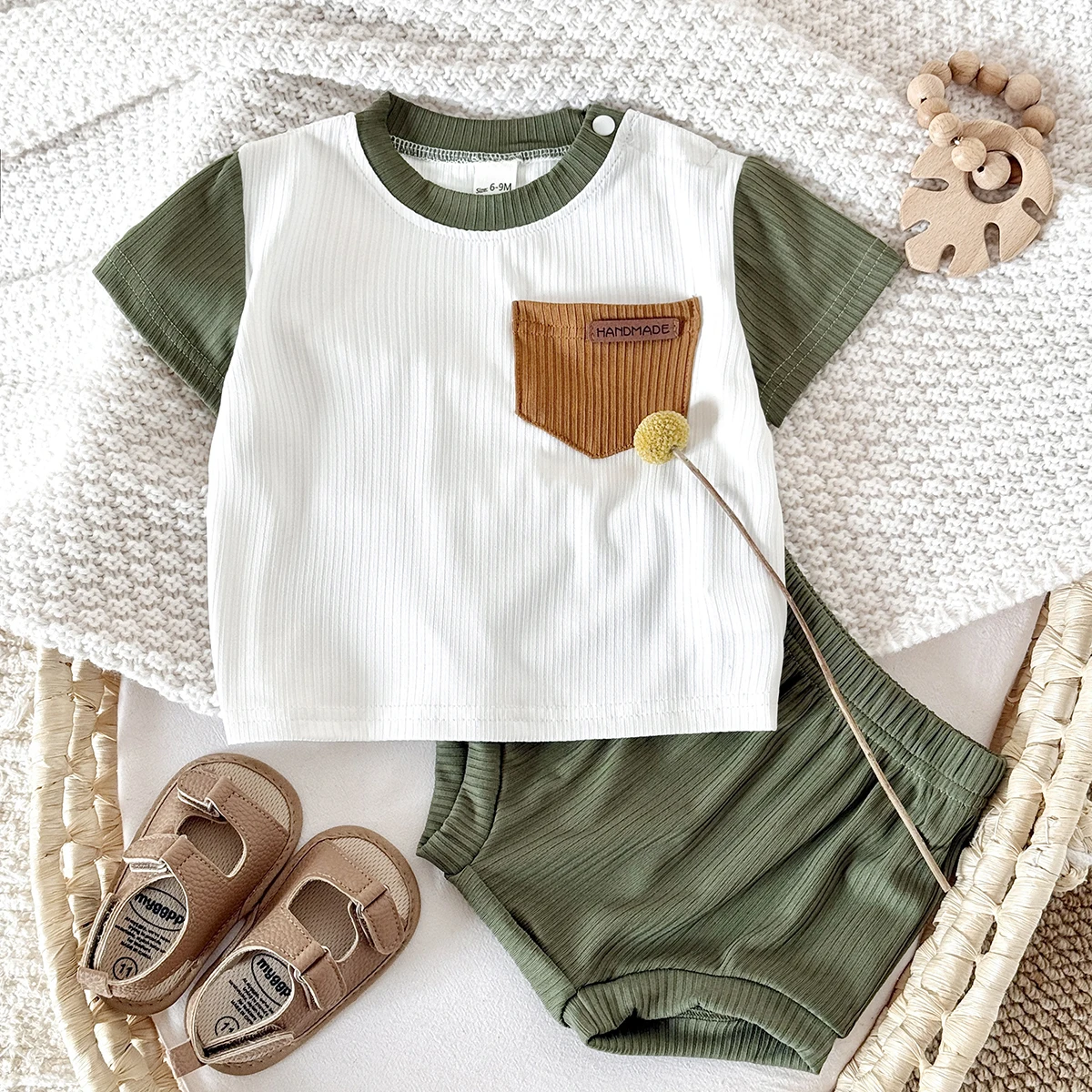 Summer New Baby Clothes Infant White Green Splicing Color Top+Shorts Baby Boys Girls Casual Baby Set Newborn Baby Clothes 2Pcs