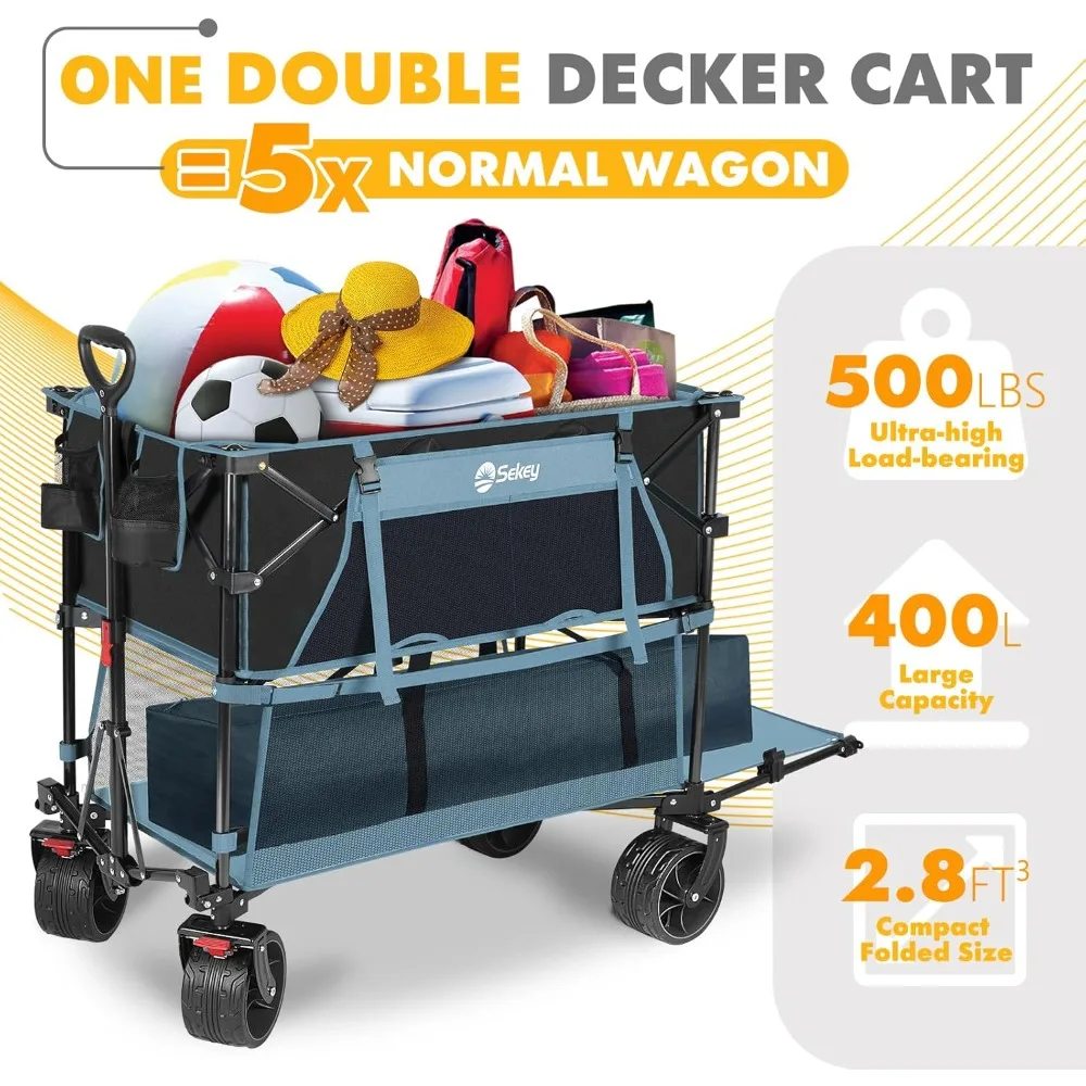 

400L Large Capacity Folding Double Decker Wagon with Brakes, 50" Extra Long Extender Cart