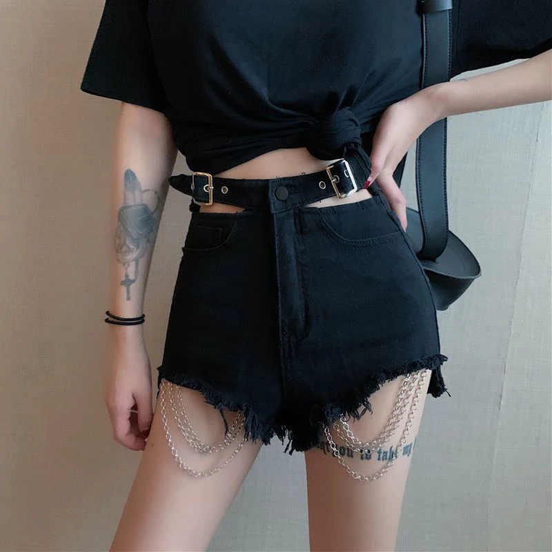 

Summer Hot Denim Shorts for Women Sexy Hollow Out High Waist Black Short Pants Female 2024 Summer Gothic Chain Raw Edge Jeans