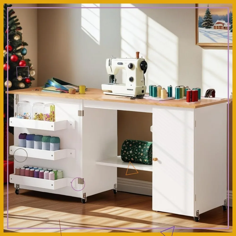 Folding Sewing Table with Charging Station, Storage & Lockable Casters for Craft Rooms