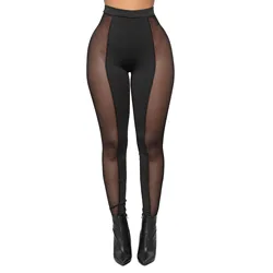 Women High Waist Elastic Waistband Leggings Fitness Sportwear See-Through Mesh Patchwork Skinny Pants Yoga Club Streetwear