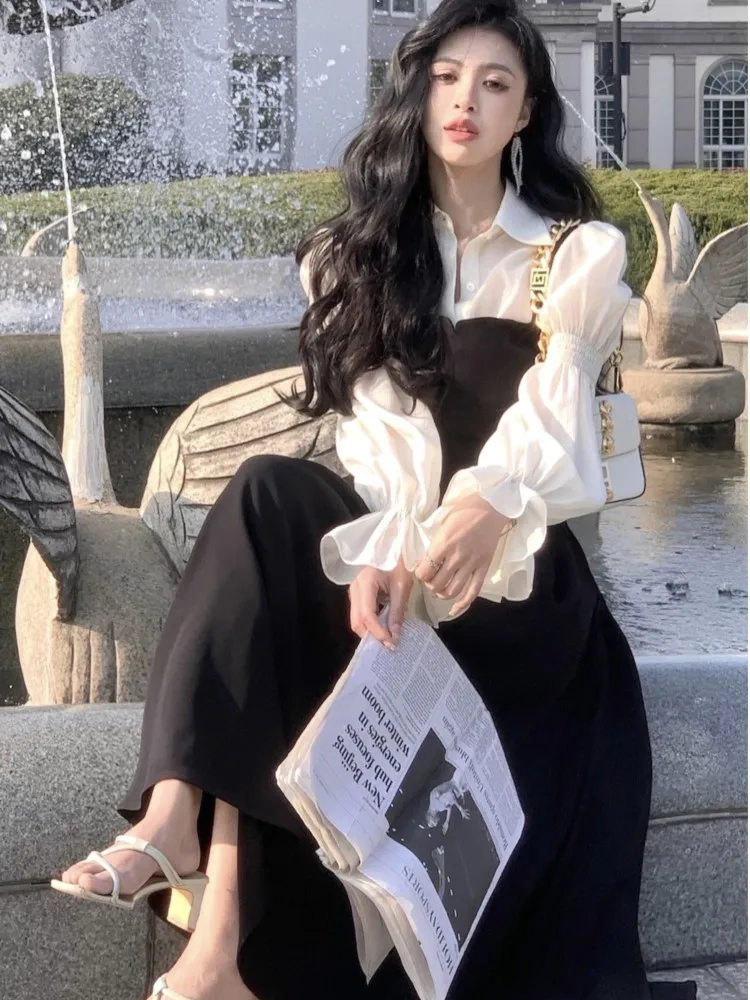 French Vintage Two-piece Dress Set Women Puff Sleeve Shirt Black Spaghetti Strap A-line Dress Korean Fashion Autumn Outfits New