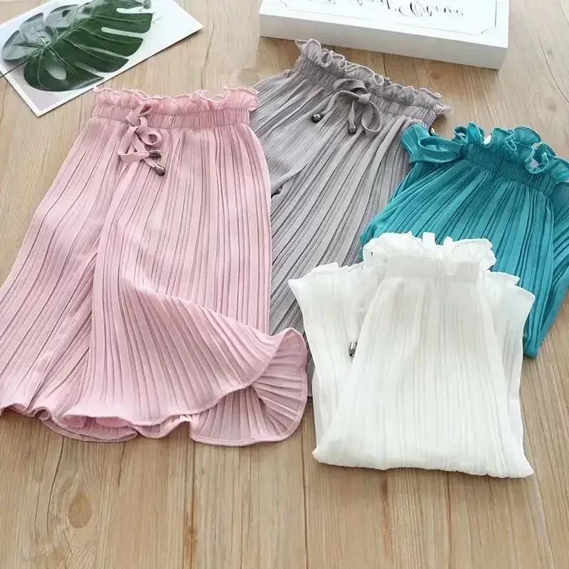 Baby Fashion Lace Chiffon Waist Flare Trousers Childen\'s Girls Summer Ice Silk Wide Leg Pants  Kids Girl Loose Cropped Trousers