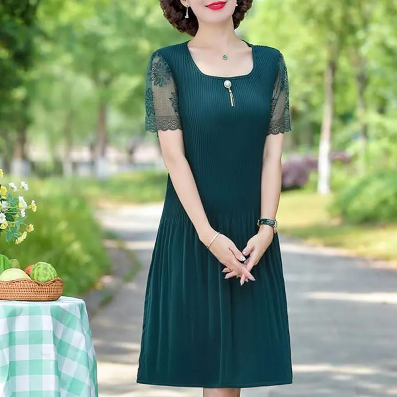 Casual Solid Color Pleated Midi Dress Stylish Lace Patchwork Summer Short Sleeve Female Three-dimensional Decoration Dresses New