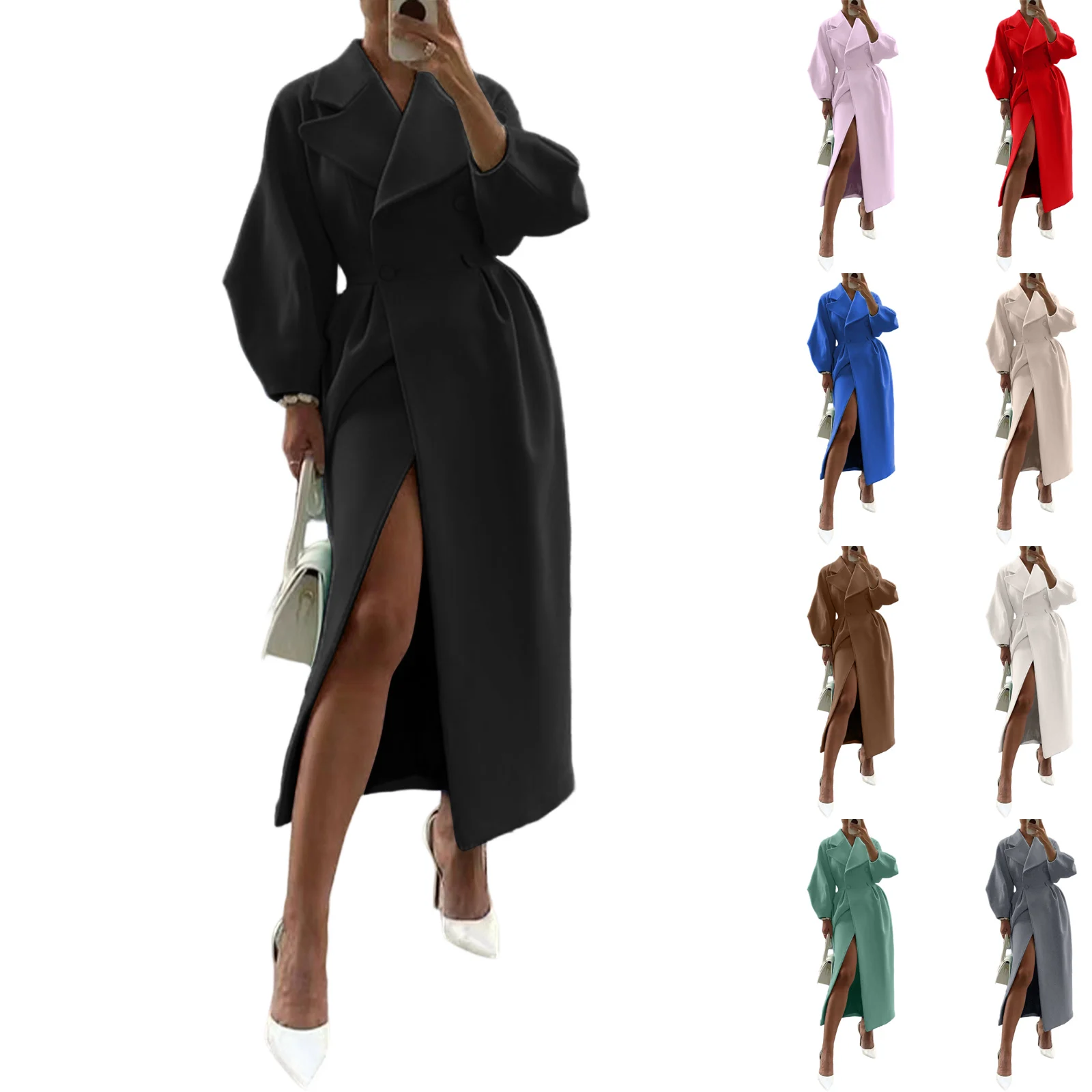 

Vintage Court Style Long Coat Lantern Sleeve Big Collar Woolen Coat Winter Women'S Fashionable Coat Outdoor Warm Coat
