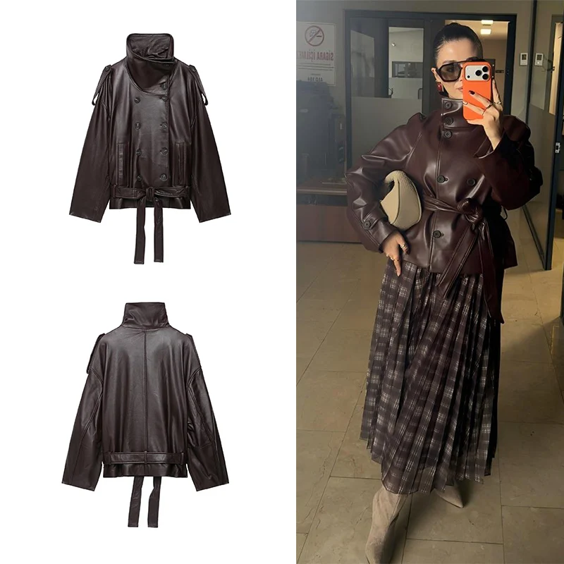 Guobioziy 2026 Autumn Short Leather Jacket Minimalist Fashion Retro Style Belt Design Double-Breasted Loose Streetwear