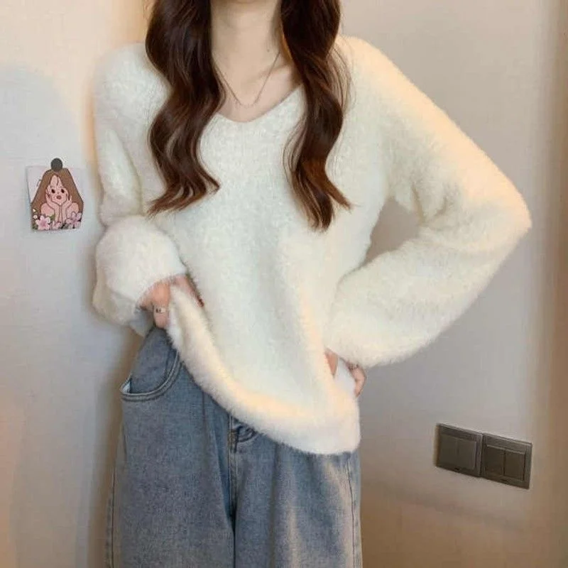 Women's Knitted Sweater 2025 White Milk Waxy Style V-neck Coolmax Fiber Inner Wear Fashion Ladies' Premium Apparel