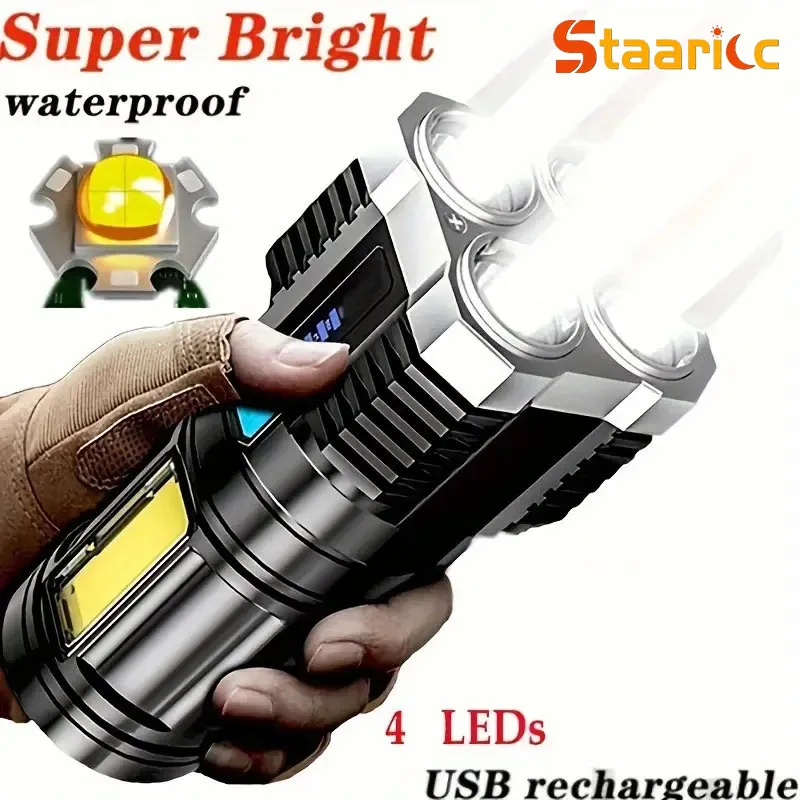 High Power LED Flashlights Camping Torch With 4 Lamp Beads And COB Side Light Rechargeable Portable Hand Lantern 4 Lighting Mode