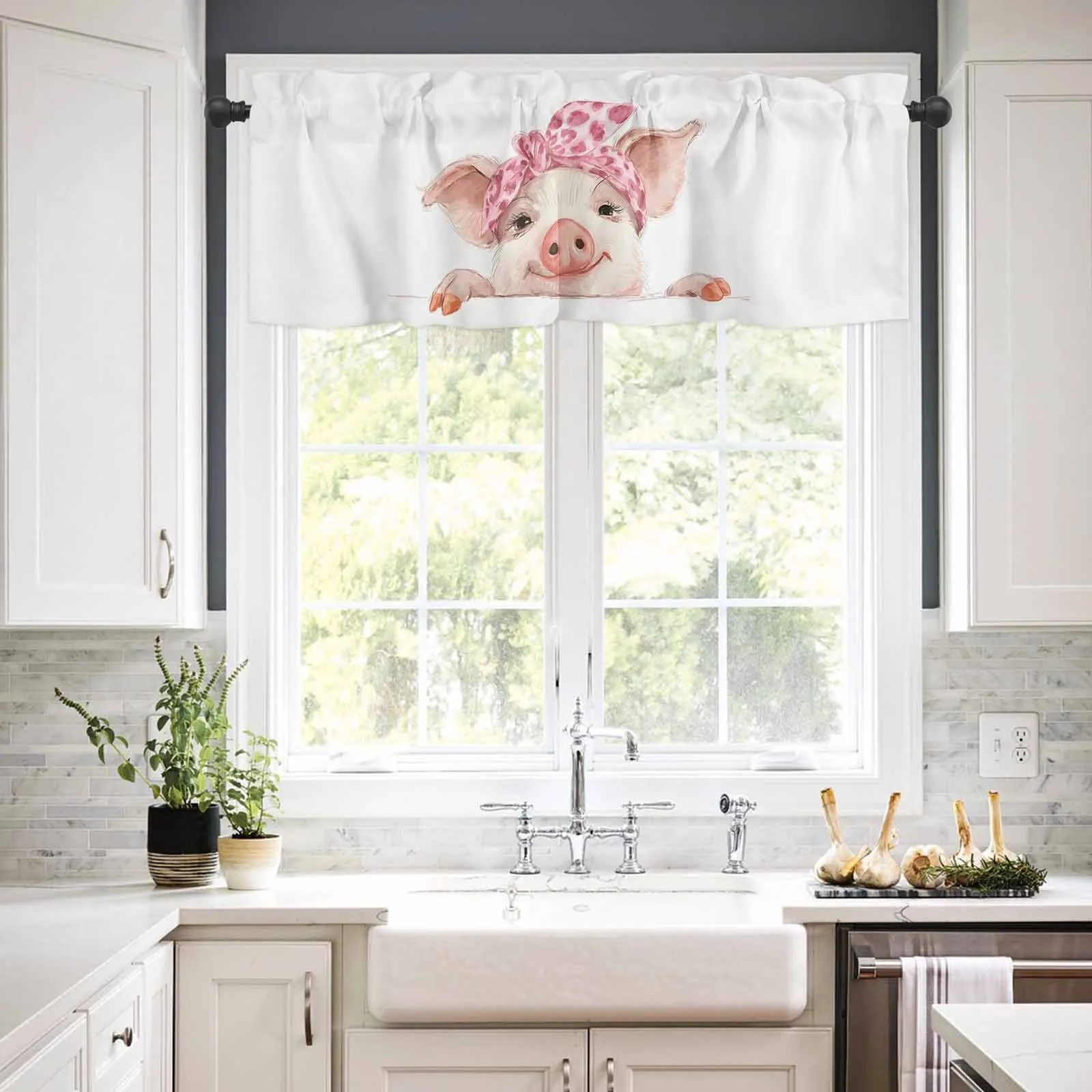 

1PCS Kitchen Short Curtain Valance Cartoon Animal Bathing Pink Pig Rod Pocket Window Home Decoration
