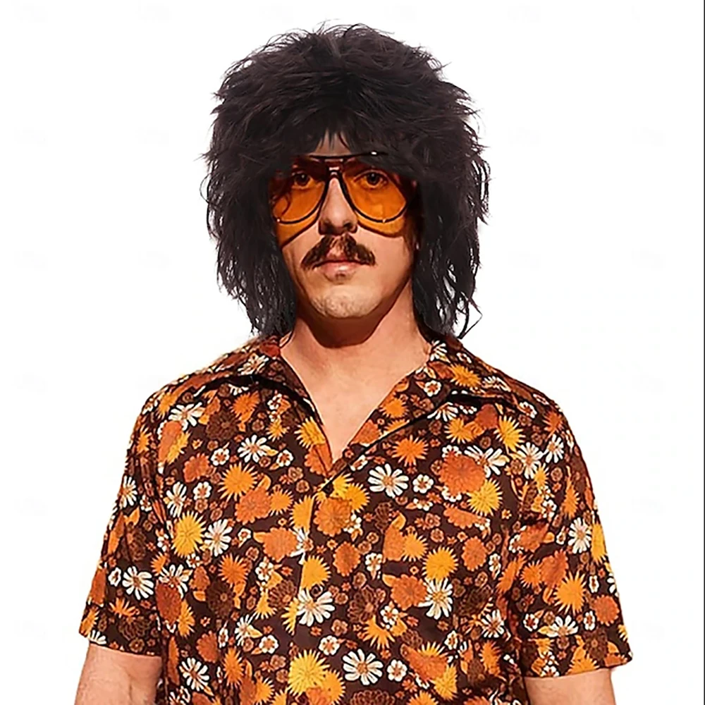 

HAIRJOY Mullet Wig with Bangs 70s Disco Party Mens Hippie Wigs Brown Long Curly Male Wig Halloween Costumes 80s Rocker Wig