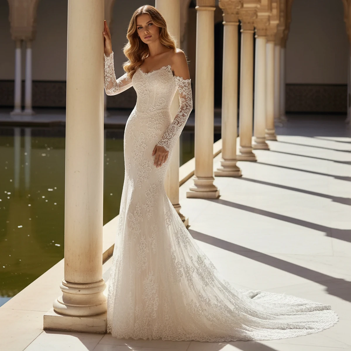 

Elegant Mermaid Appliques Tulle Wedding Dress With Train Long Sleeve Bridal Party Gown For Bride Vestidos Novia