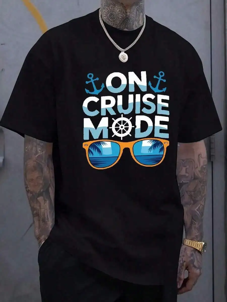 Men'S Cruise Mode Graphic T-Shirt - Black With Blue Anchor & Glasses Print, Summer Vacation Travel