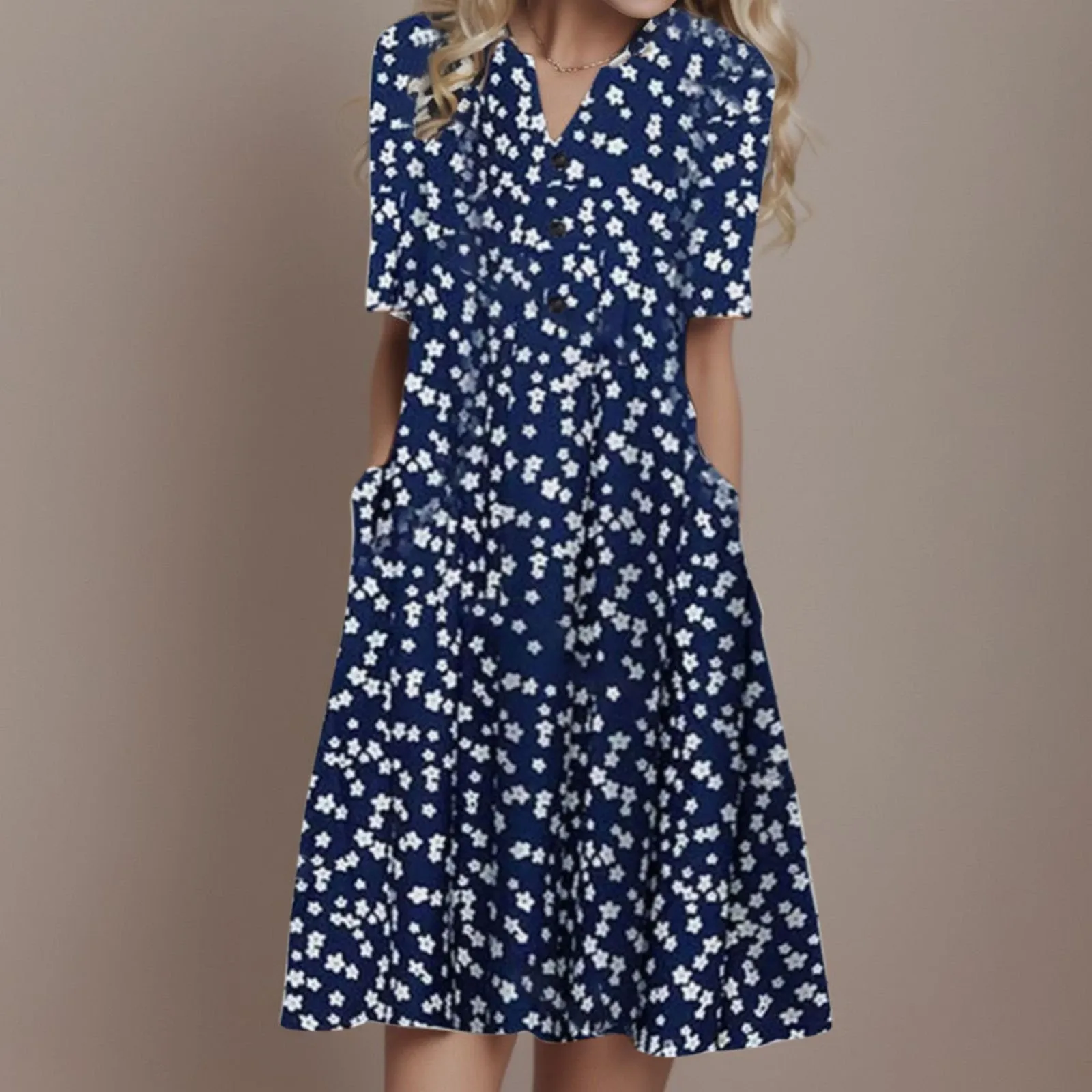 Women\'s Fashion Short Sleeve Casual Dress Summer Pullover Floral Print V Neck Midi Dress Loose Plus Size Female Clothes Sundress