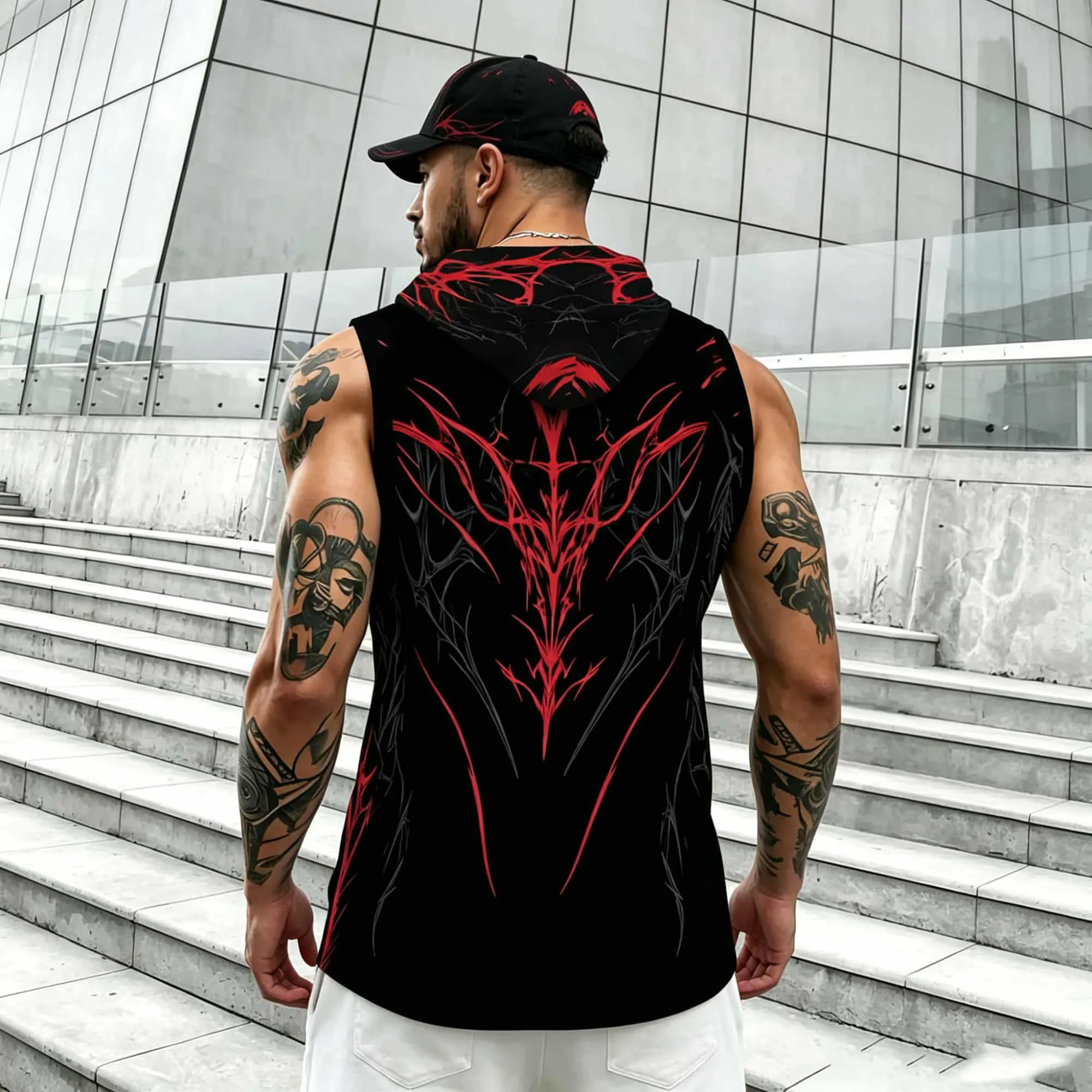 Men Dark Punk Thorn Graphic Sleeveless Hooded Vest Muscle Bodybuilding Hoodie Tank Top Hip Hop Street Casual Fitness Sports Tank