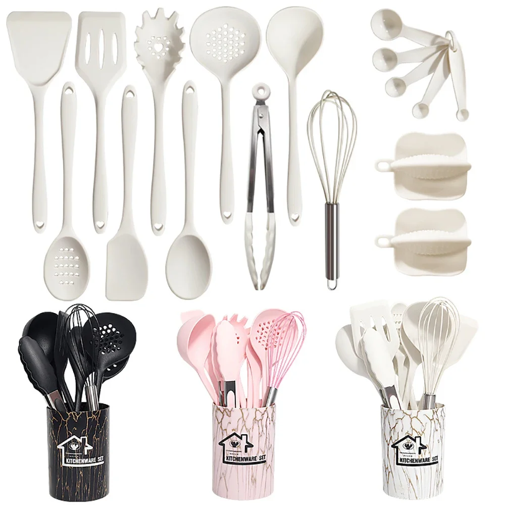 Black 18Pcs Food Grade Silicone Kitchen Cookware Utensils Home Spatula Measuring Spoon Practical Cooking Tool Kitchenware Set