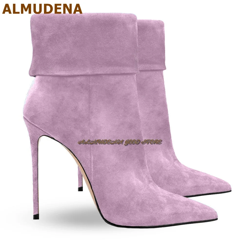 ALMUDENA Pink Suede Thin High Heel Ankle Boots Turn-Over Folded Pointed Toe Short Booties Fall Winter Warm Dress Shoes Zipped