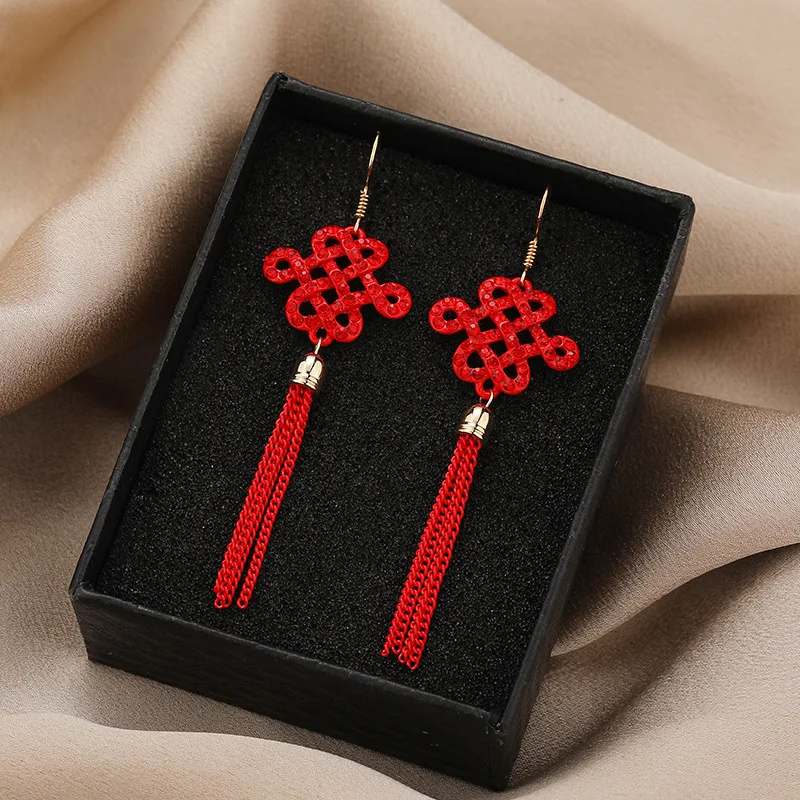 Chinese Knot Best Wishes Red Festive Earrings For Women Girls Metal Tassel Pendant Best Friend Gift Party Jewelry