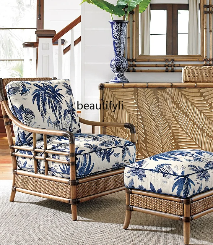 Southeast Asia American Solid Wood Bamboo Artwork Rattan Single Sofa Pedal Household Light Color Flower Cloth Couch