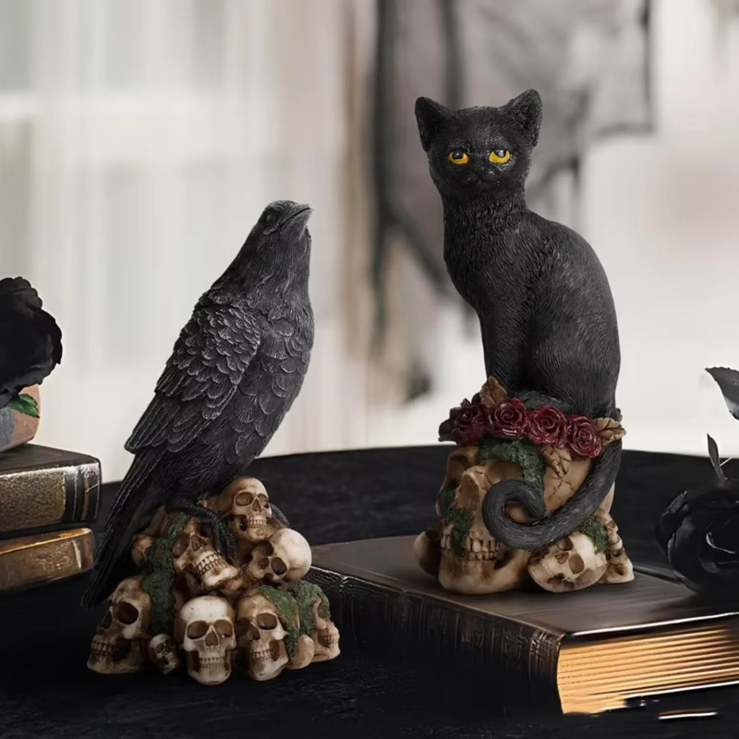 Witchcraft Black Feline Mystical Cat Sitting On skeleton Figurine 3D Cats skeleton Decorative Wicca Macabre Halloween Day