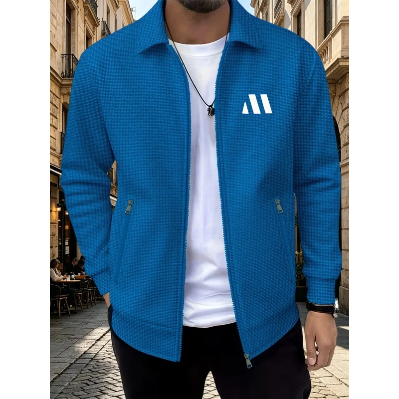 Men Spring Autumn Waffle Jacquard Jacket Lapel Full Zip Coat Mountain Graphic Print Long Sleeve Casual Outerwear Zipper Pockets