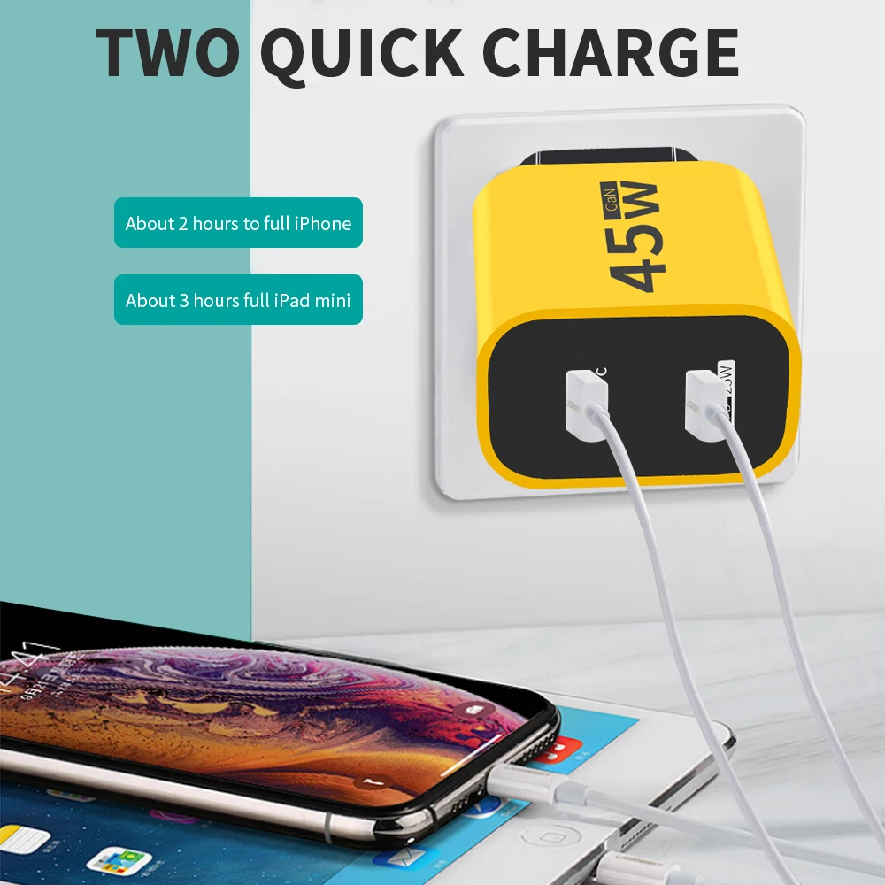 45 واط GaN USB C شاحن شحن سريع نوع C مهايئ شاحن الهاتف آيفون 15 سامسونج Xiaomi هواوي المزدوج PD شاحن الجدار السريع