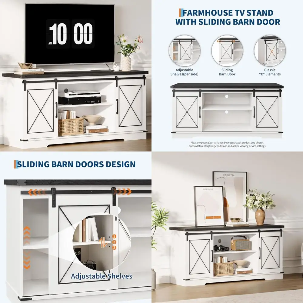 Farmhouse Style TV Stand Entertainment Center for 65-Inch TVs with Sliding Barn Doors and Adjustable Shelves