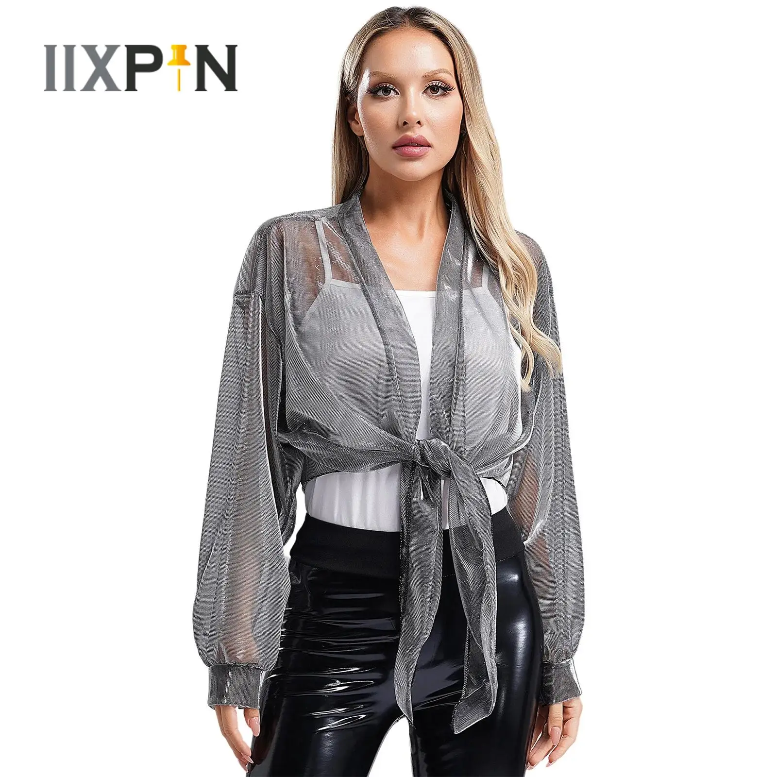 

Womens Bolero Shrug Jacket Shimmering Long Sleeve Open Front Lace-up Cardigan See-Through Evening Shawl Wraps Casual Outerwear