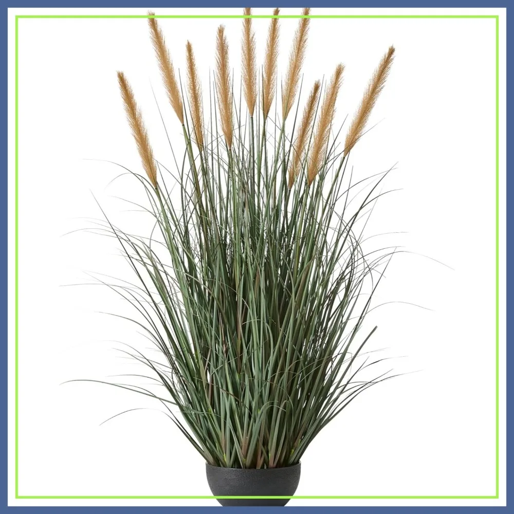 

4ft Artificial Onion Grass, 48in Faux Horsetail Reed Plant with 10 Feathery Flower Heads, Potted Fake Floor Plant for Indoor Outdoor Home Decoration