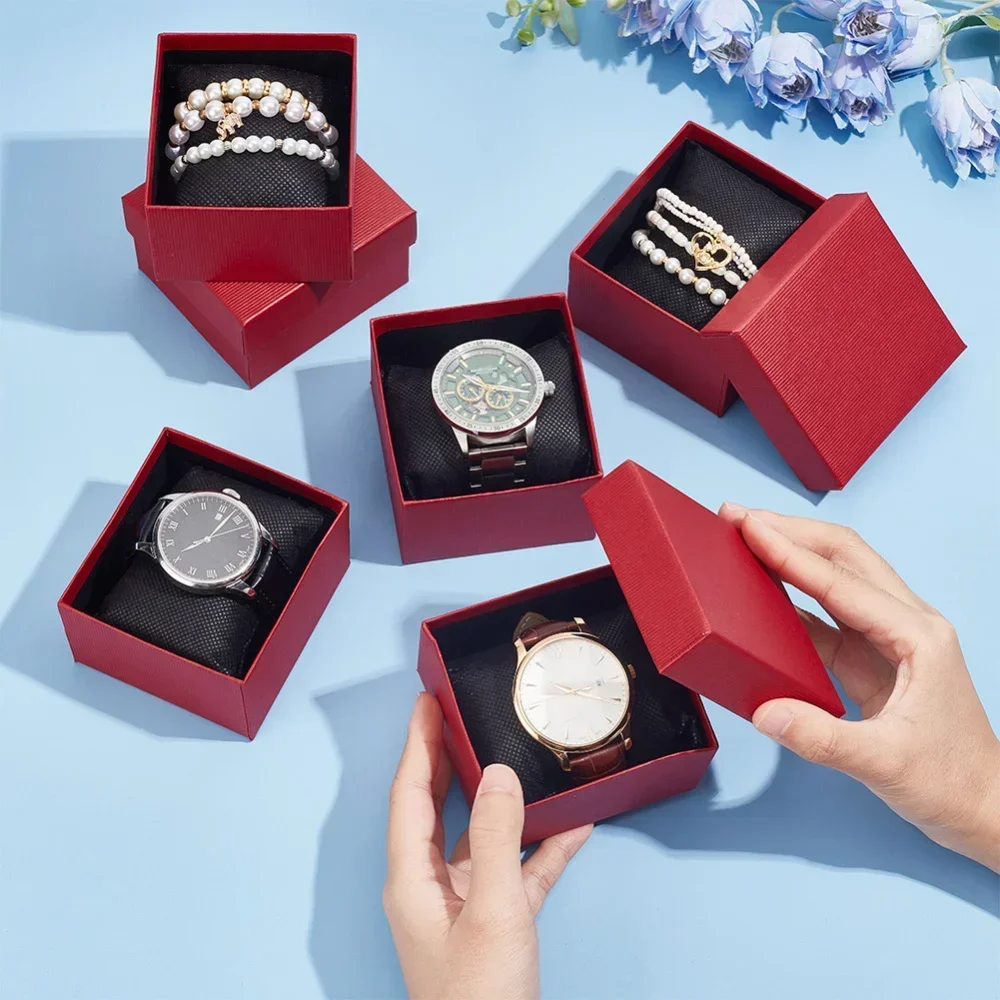 Paper Gift Boxes, 3.46×3.21×2.09 Inch Square Watch Box Kraft Jewelry Gift Box with Pillow Cardboard Bracelet Storage Box