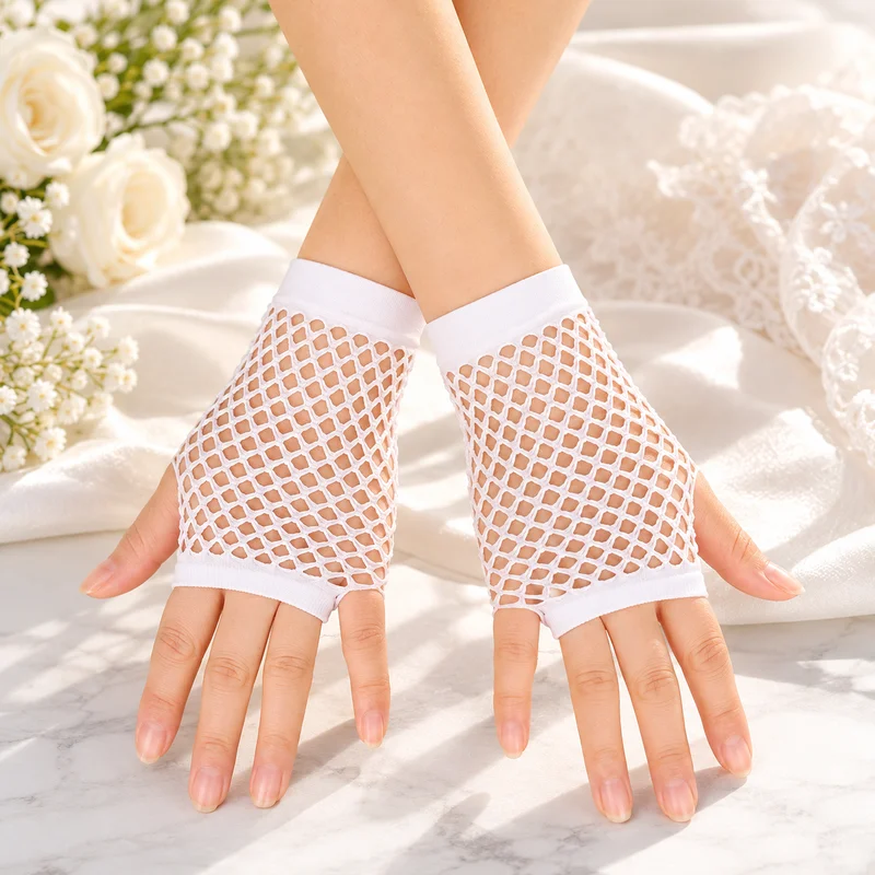 1Pair Solid Color High-Quality Fingerless Short Fishnet Gloves, Fancy Party Dance Mesh Short Gloves