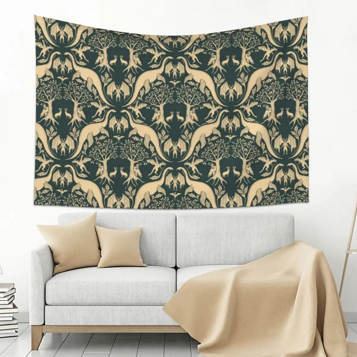 

Peach & Blue-Gray Cryptid Damask Tapestry Room Decorator Room Decor Decoration Aesthetic Decoration For Bedroom Tapestry