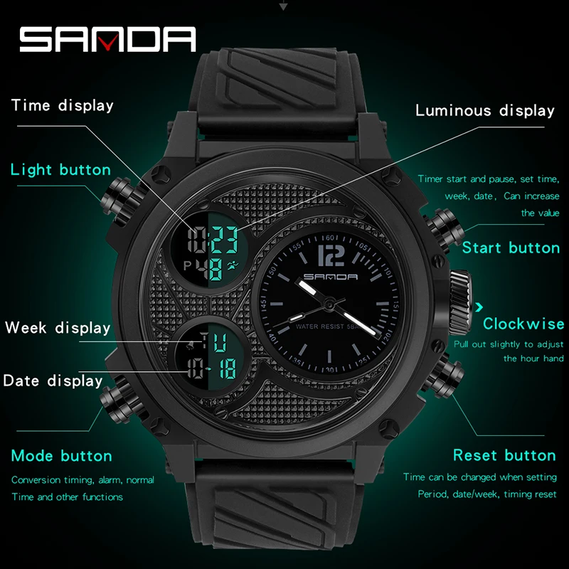 SANDA LED Digital Sport Watches 50m Waterproof Electronic Wristwatch Three Time Display Quartz Watch for Men Alarm Clock 3002