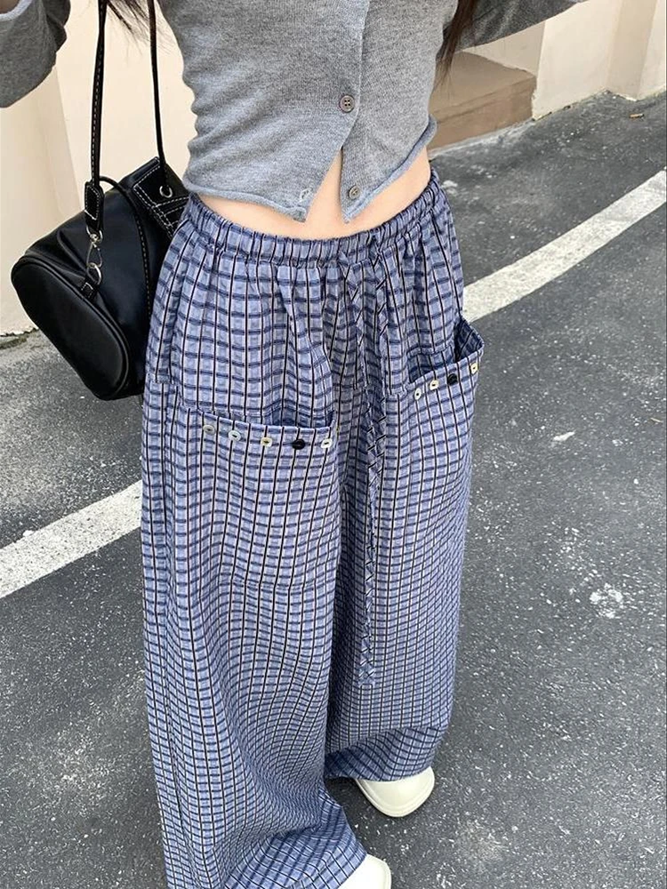 Women's Blue Baggy Plaid Pants Vintage Y2k Harajuku Streetwear Aesthetic Pants High Waist Trousers 2000s Trashy Fashion Clothes