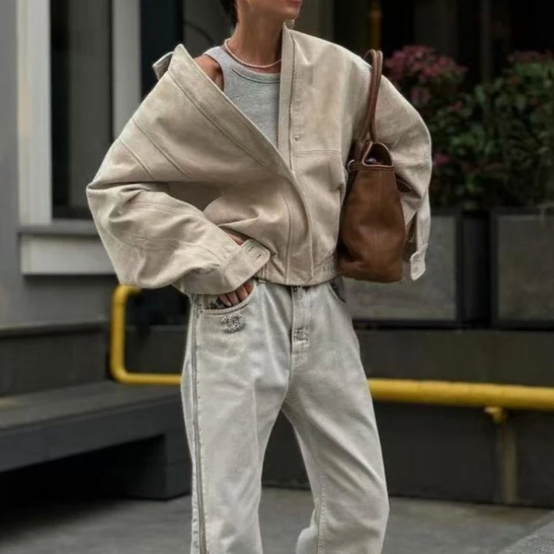 

2025 Women Jacket Cropped Suede Loose Bomber Jacket Lapel Korean Zipper Buttons Woman Casual Long Sleeve Autumn Coats Outerwear