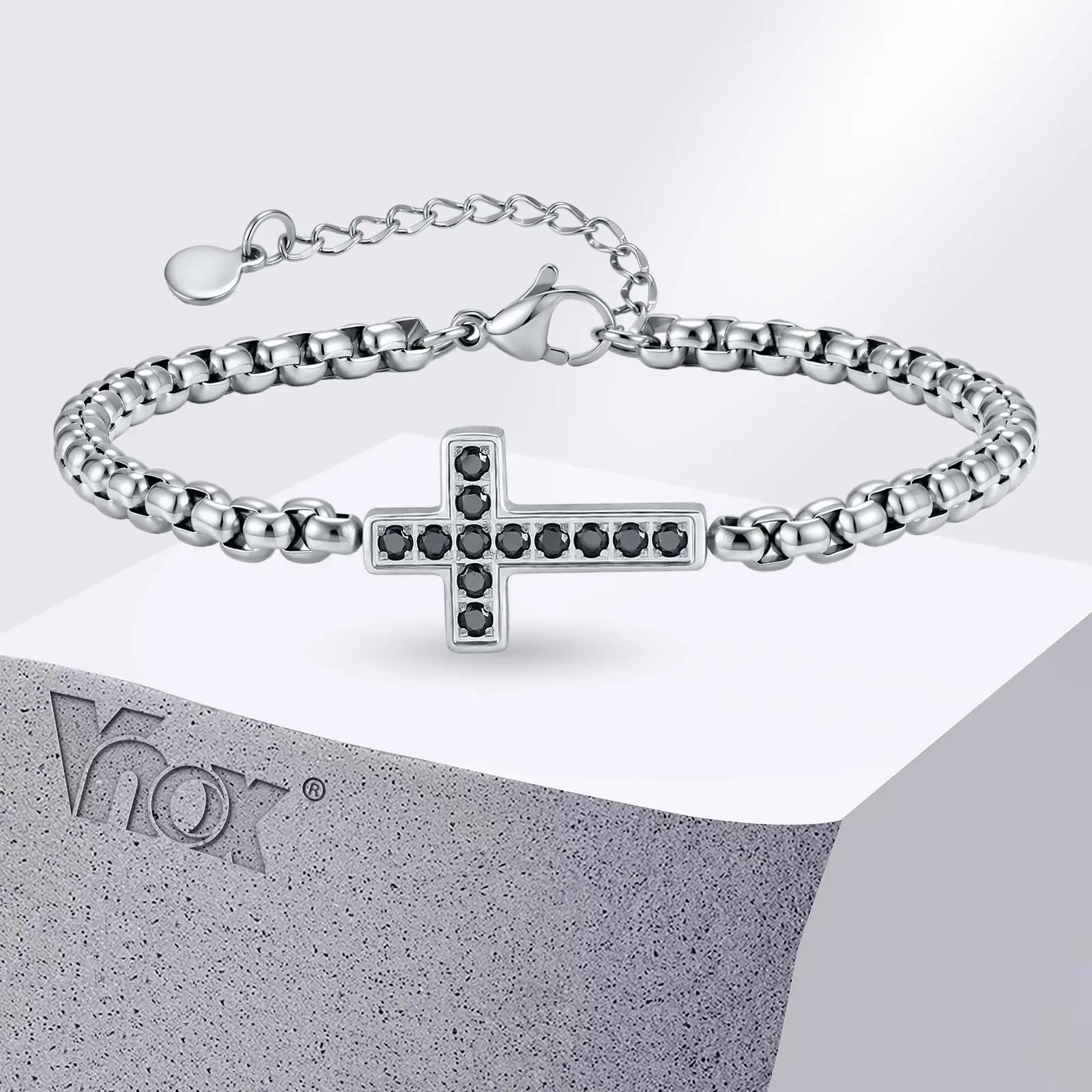 

Vnox Stainless Steel Cross Bracelets for Men Women, Black CZ Christian Box Chain Wristband Adjustable Silver Color Jewelry Gifts