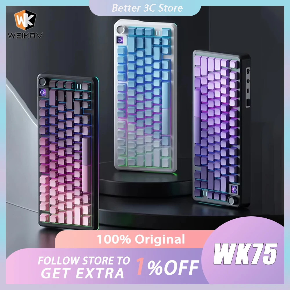 Weikav WK75 Mechanical Keyboard Tri Mode Wireless Keyboard 4000mAh RGB Hot Swap With Screen Custom Gaming Keyboard PC Accessory