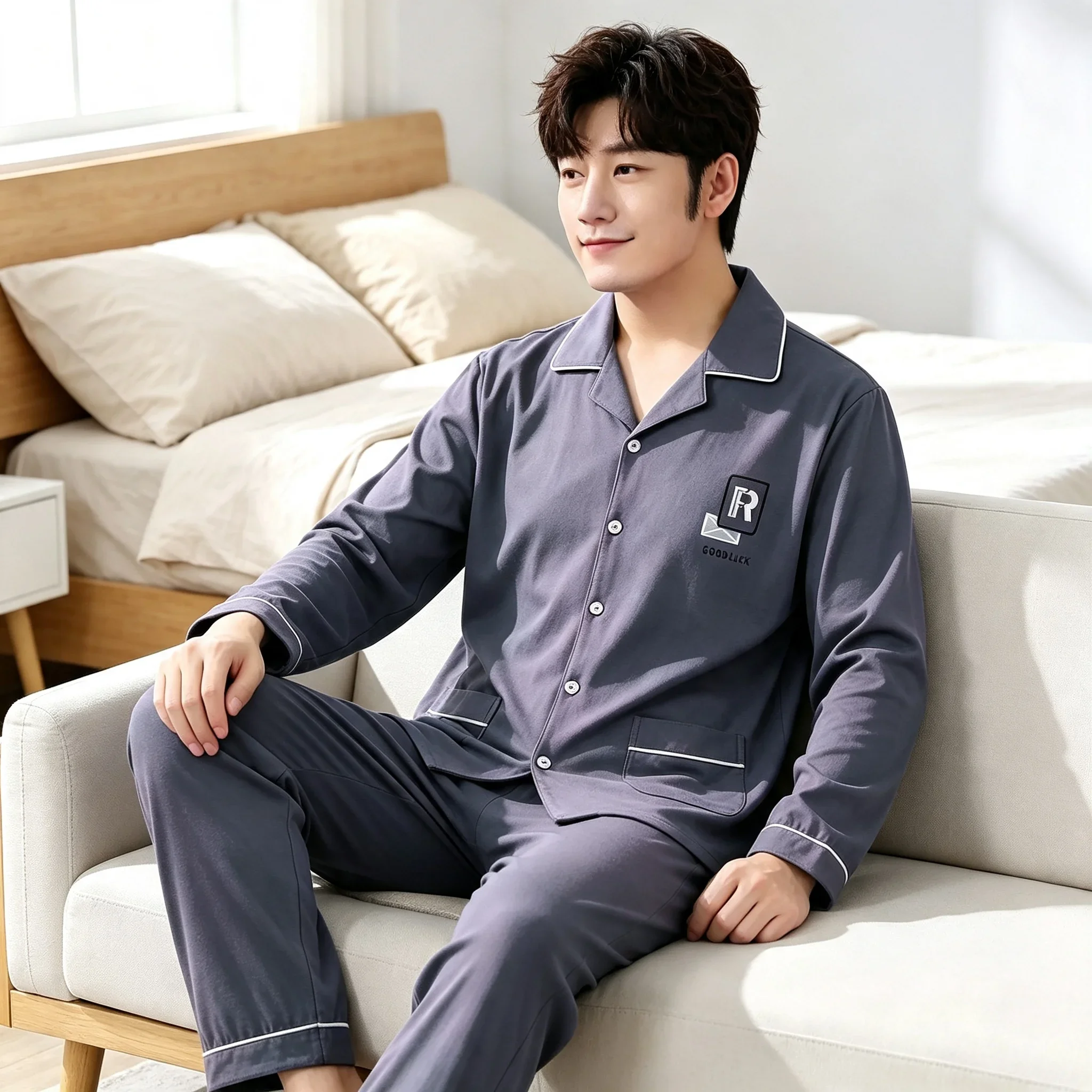Men's Ins‑Style Minimalist Pajama Set, Comfortable Loungewear for Spring Autumn, Elegant Versatile Soft Daily Casual Home Outfit