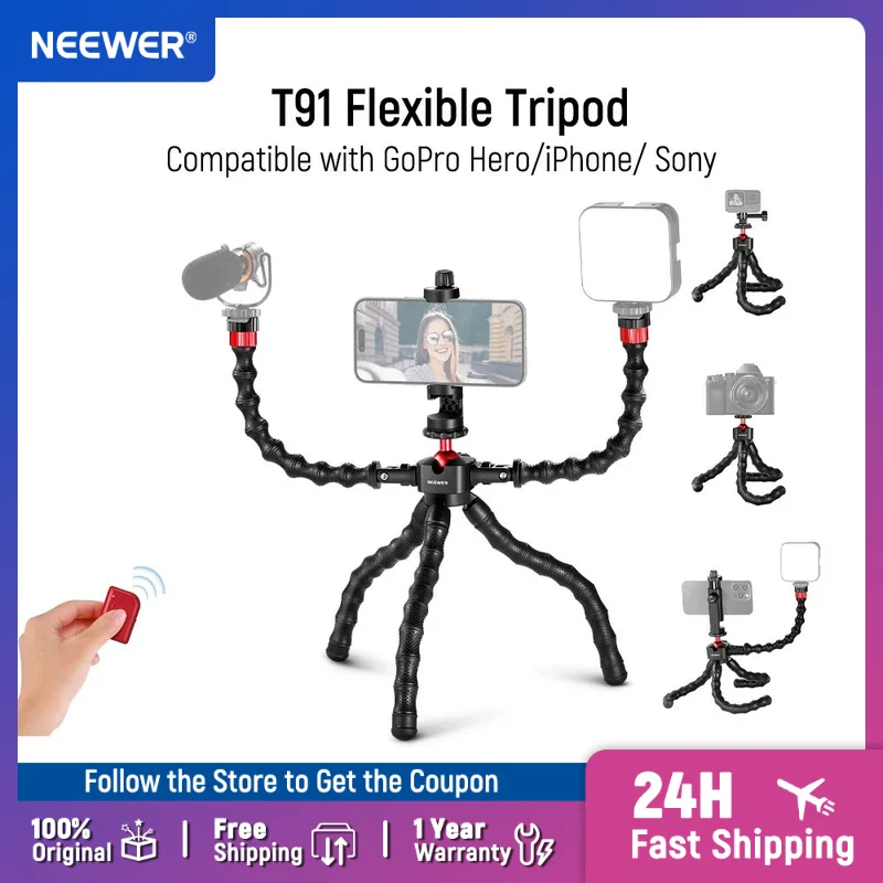 NEEWER T91 Flexible Tripod for iPhone Mini Cellphone Tripod Stand for Vlog, Magic Arms/Shutter/Phone Clamp/Action Camera Mount