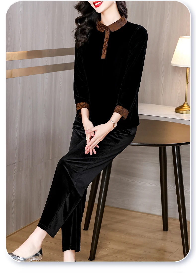 Large Size Casual Sets Spring Fall Middle Aged Mother Retro Gold Velvet Pants Two Piece Suit Women Velvet Conjunto Tracksuit