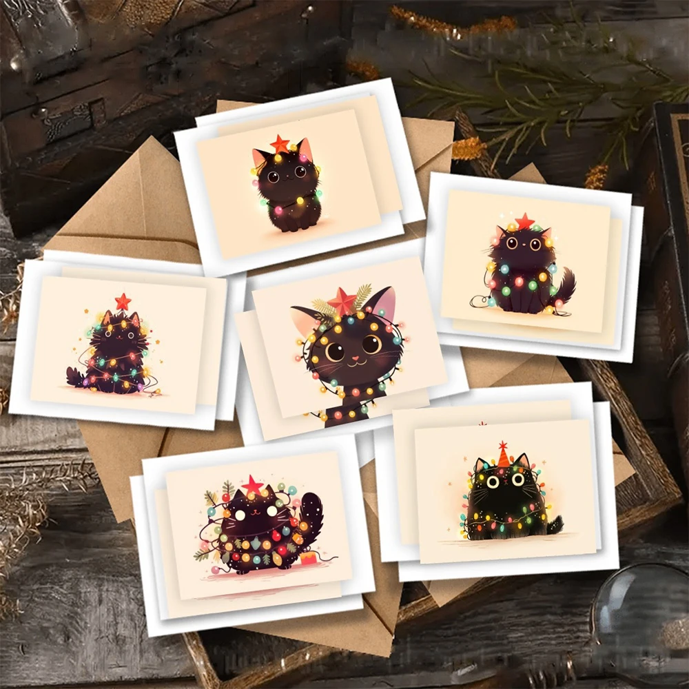 Cute Cat Card Cartoon Birthday Card Holiday Blessing Gift Card Christmas Gift (6 cards+6 envelopes)